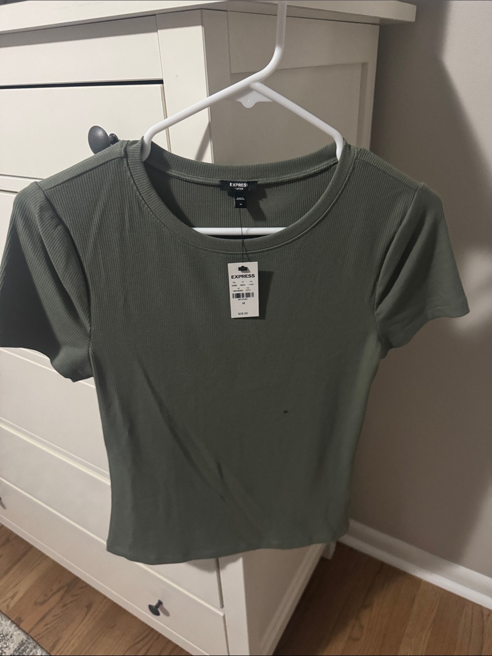 Express Olive Crewneck Ribbed Fitted Short Sleeve Tee